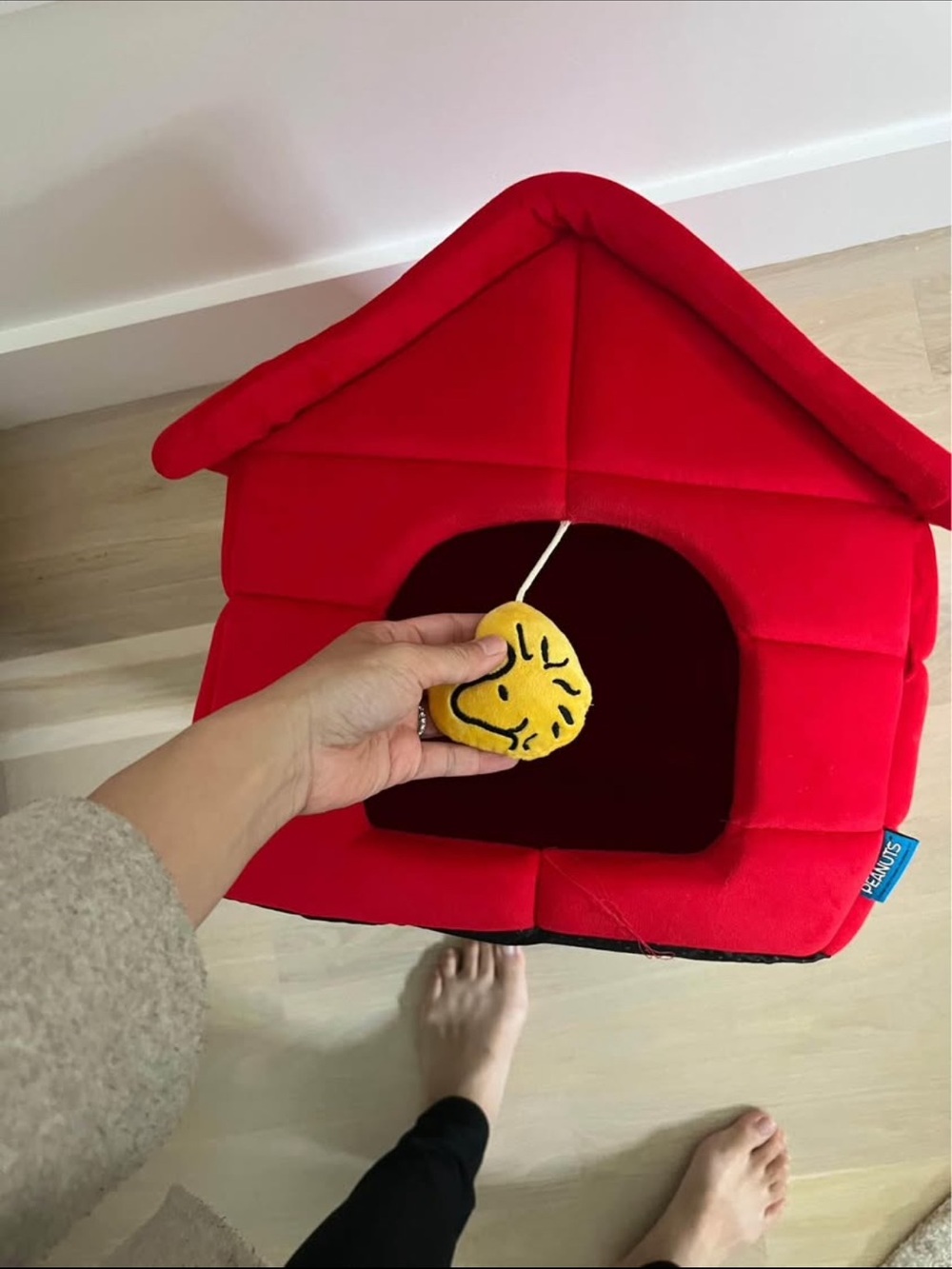 Red Plush Dog House with Yellow Hanging Toy